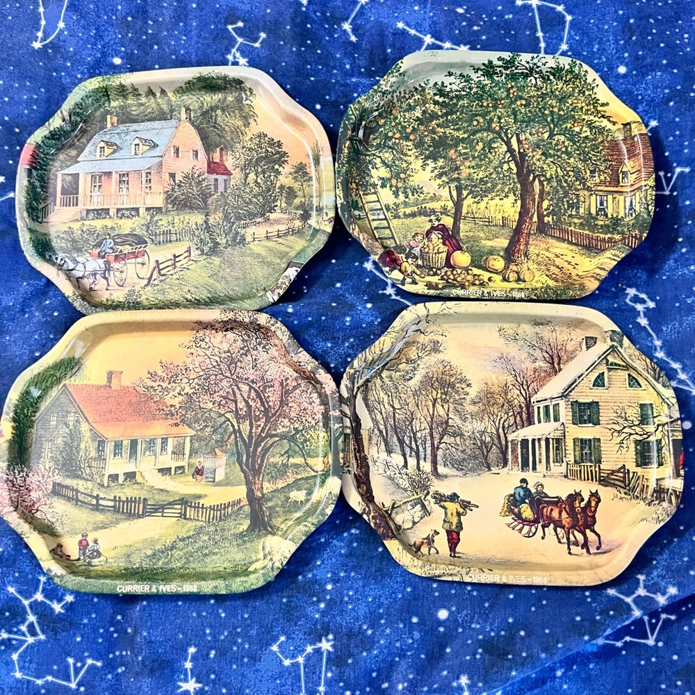 VINTAGE Currier and Ives 1868 American Homestead Metal Tin Tray Bundle